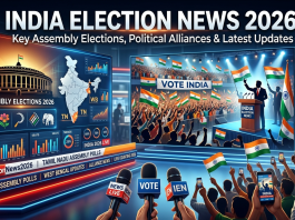 India Election News 2026 banner showing election campaign visuals, Indian Parliament, political rally atmosphere, and assembly election updates.