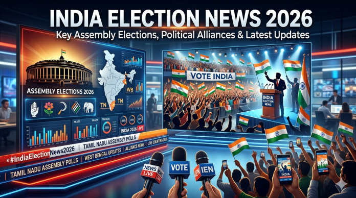 India Election News 2026 banner showing election campaign visuals, Indian Parliament, political rally atmosphere, and assembly election updates.